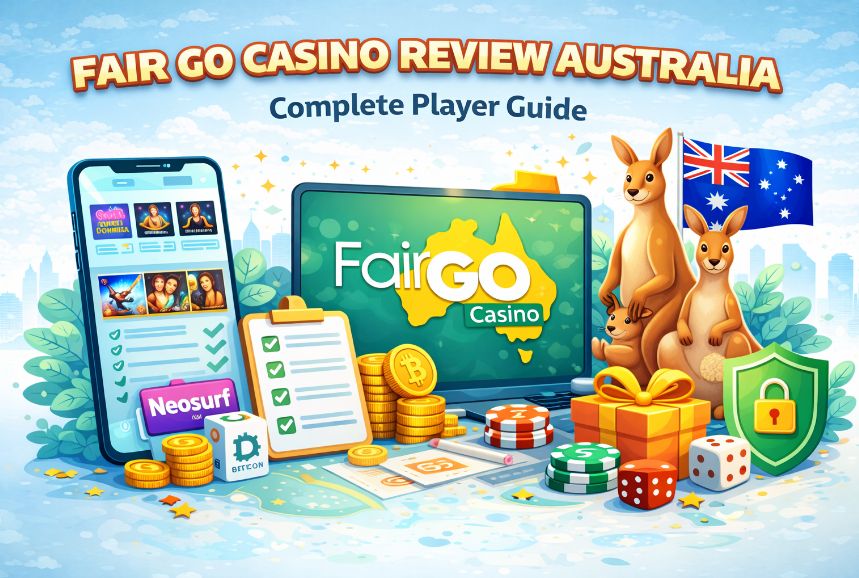 Colorful illustration of Fair Go Casino review for Australian players showing a laptop and smartphone with online pokies, Australian flag, kangaroos, coins, bonus gift box and security shield.