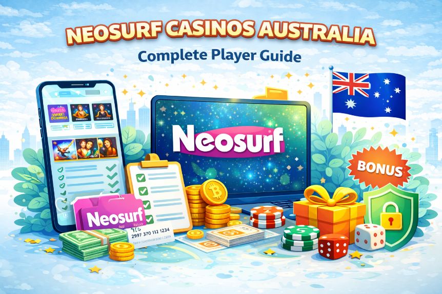 Colorful Neosurf casinos Australia illustration showing smartphone and laptop with online pokies, Neosurf voucher card, Australian flag, bonus gift box, coins, poker chips and secure payment symbols.