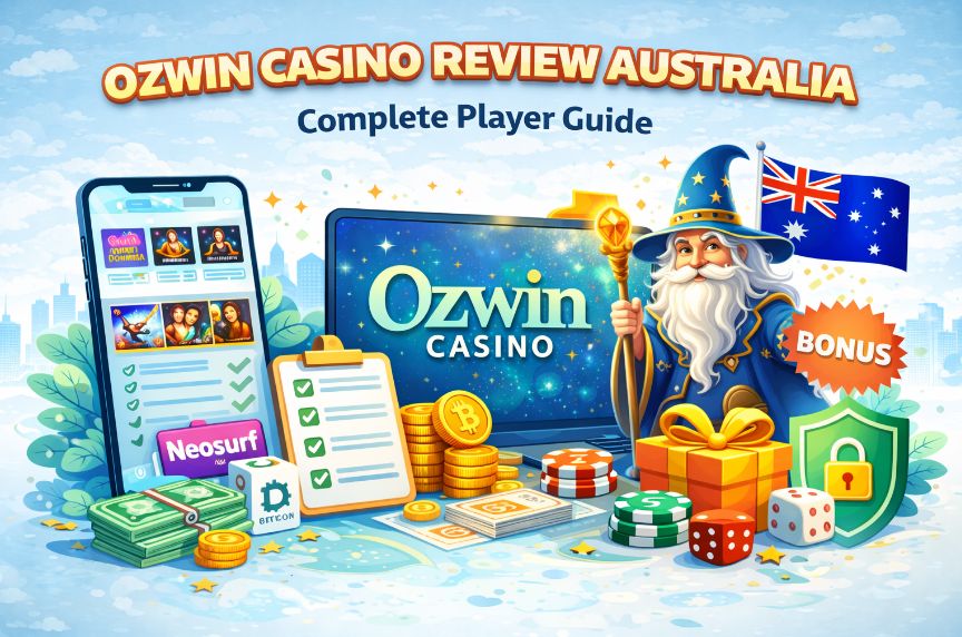 Colorful Ozwin Casino review illustration for Australian players showing smartphone with pokies, wizard mascot, Australian flag, bonus gift box, coins, poker chips and online casino security symbols.