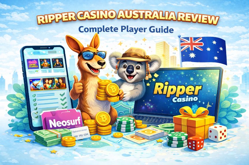 Colorful Ripper Casino Australia review illustration featuring a kangaroo and koala with coins, poker chips, smartphone pokies screen, laptop casino display, Australian flag, bonus gift box and online gaming symbols.