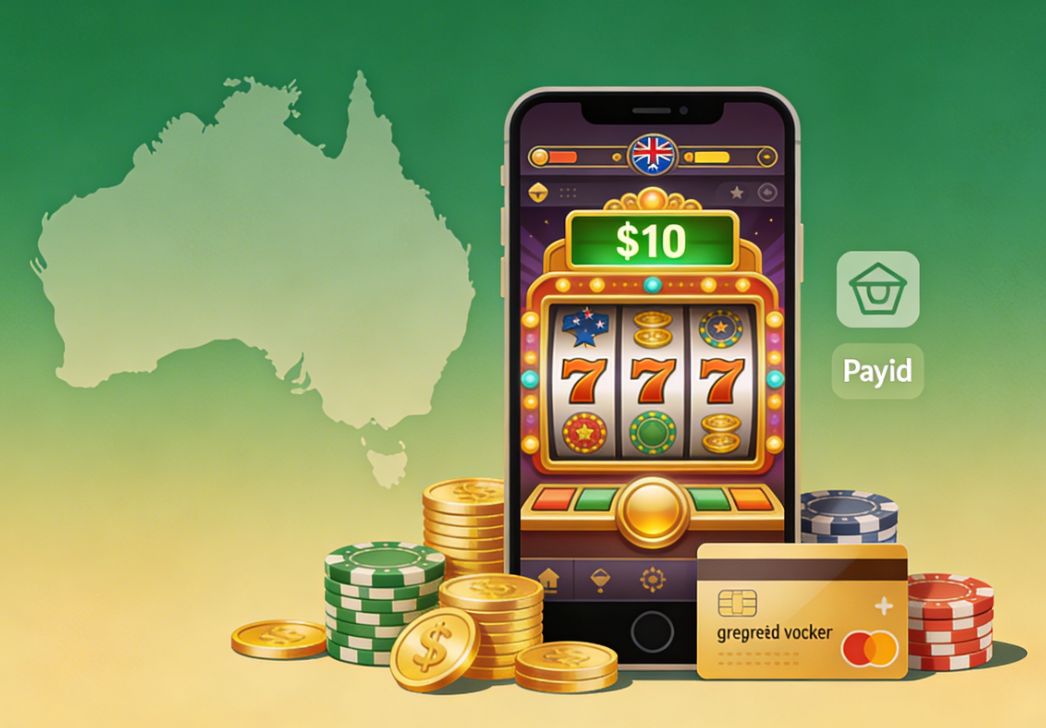 Smartphone showing $10 pokies balance with spinning reels, PayID and voucher icons, gold coins and Australian map background for low‑deposit casinos