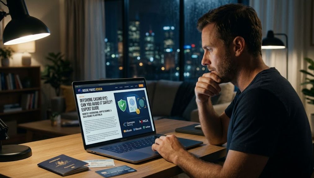 Australian player completing KYC verification at an offshore online casino on a laptop