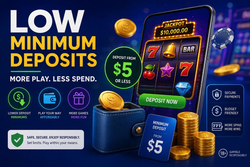 Low minimum deposit online casino illustration featuring affordable casino gaming, a mobile slot machine, secure payment options, and budget-friendly deposits starting from $5 for casual players.