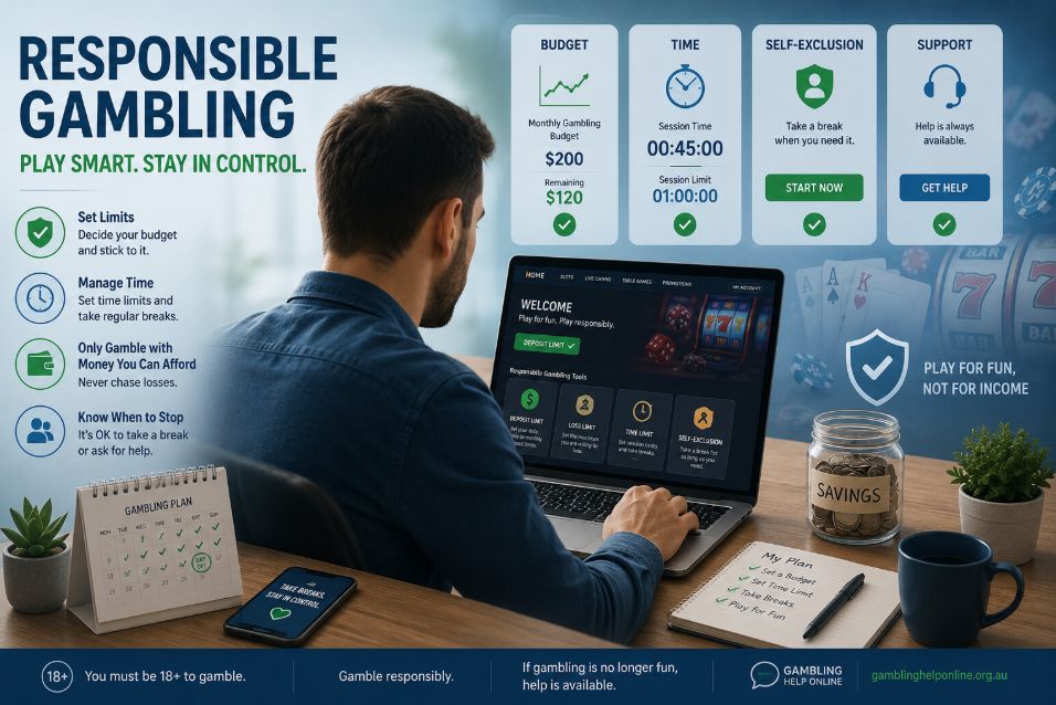 Responsible gambling guide illustration showing a player using budgeting tools, time limits, self-exclusion features, and money management strategies while gambling online safely and responsibly.