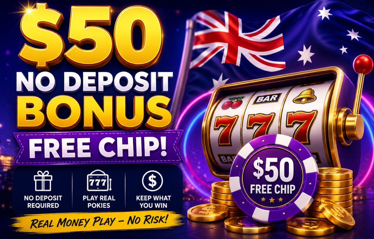 $50 no deposit bonus free chip for Australian online pokies with slot machine, casino chips and Australia flag