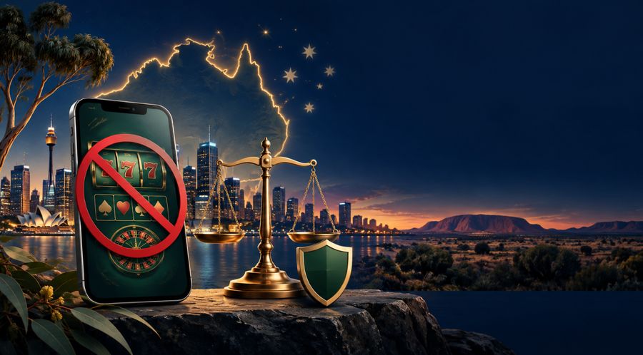 Australian online casino law illustration showing a smartphone with casino games blocked by a red prohibition symbol, alongside legal scales and an Australia map.